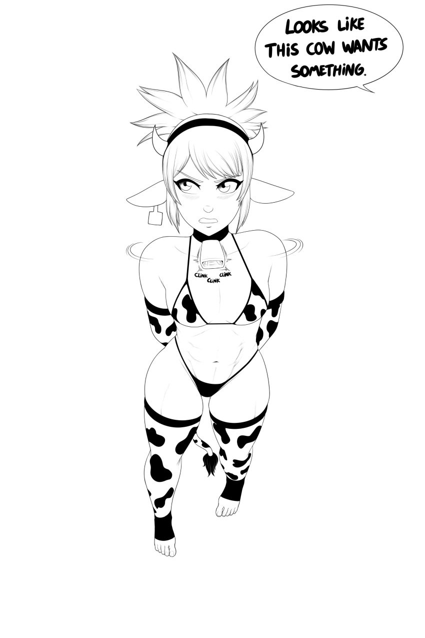 1female 1girls arm_sleeves bikini black_and_white blush cow_armwear cow_bikini cow_ears cow_thighighs cowbell cowkini curvy dota_2 hair horns marci redboard short_hair thighhighs white_background