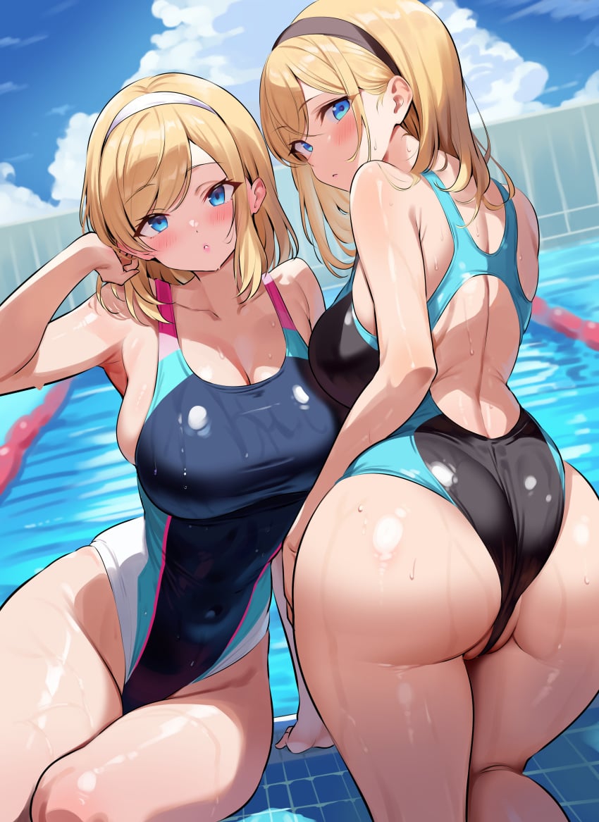 2girls absurdres ass back black_hairband blonde_hair blue_eyes blue_sky blush breasts cleavage cloud collarbone competition_swimsuit covered_navel day hairband hand_in_own_hair highleg highres ichi-jirushi large_breasts long_hair looking_at_viewer looking_back multiple_girls one-piece_swimsuit original outdoors parted_lips partially_visible_vulva pool poolside shoulder_blades sky swimsuit thighs wet white_hairband