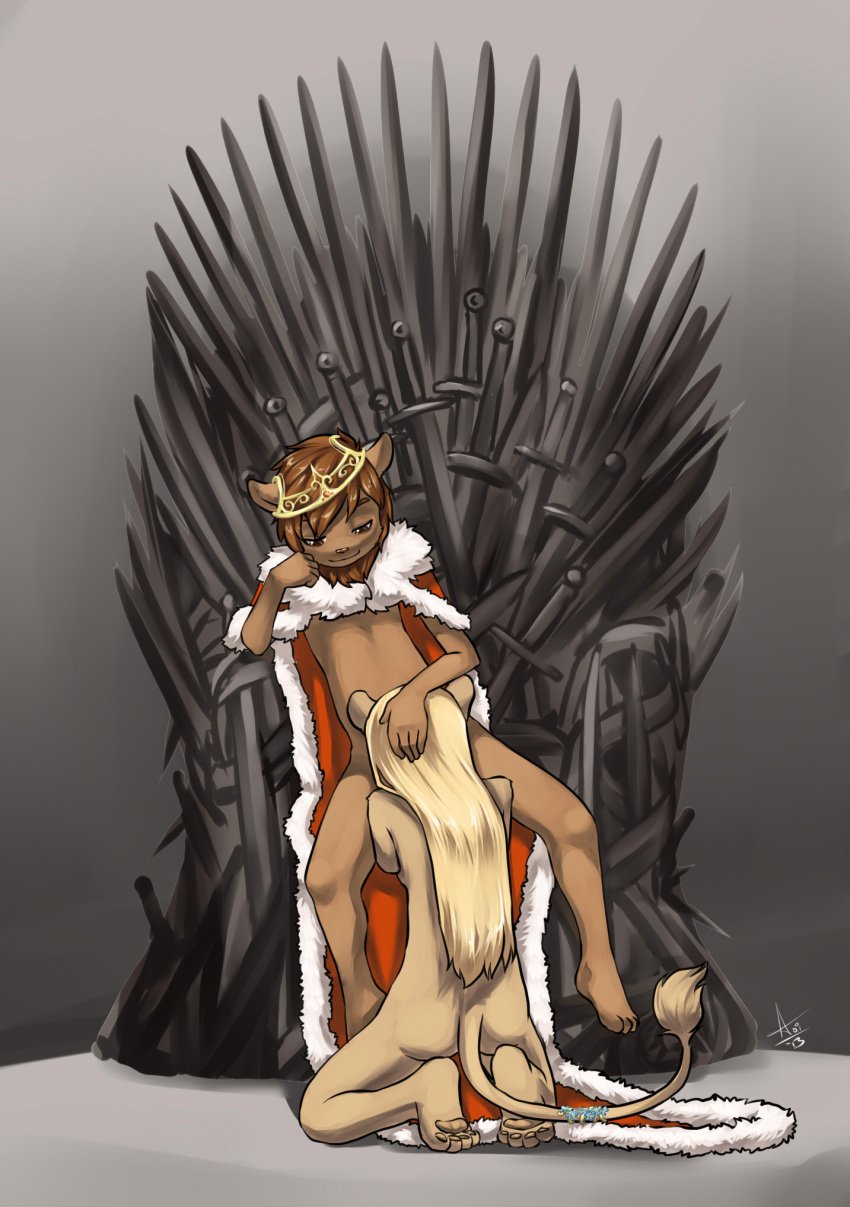 1boy 1girls a_song_of_ice_and_fire anthro aogami back_turned blonde_hair breasts brown_eyes brown_fur brown_hair cape cersei_lannister crown duo faceless_female feline fellatio female flower fur furry game_of_thrones gradient_background hair half-closed_eyes hi_res incest iron_throne jewel jewelry joffrey_baratheon king kneeling lion looking_down male mammal mane mother_and_son no_humans oral oral_sex pawpads royalty sex shaded sideboob signature sitting straight sword throne weapon z2013