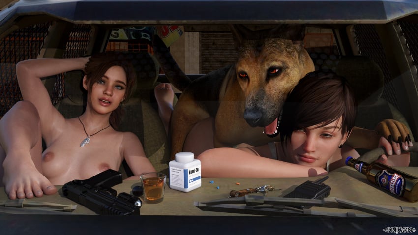 1animal 1boy 2girls 3d all_fours alternate_hairstyle areolae barefoot beer big_breasts blue_eyes breasts brown_hair busty canine capcom car cg claire_redfield claire_redfield_(jordan_mcewen) color colored completely_nude completely_nude_female curvy curvy_body curvy_female daz_studio domestic_dog domination driigon exposed_breasts feet feral feral_on_female foot_fetish from_behind german_shepherd gun human inside_car interspecies large_breasts legs moira_burton naked nipples nude nude_female outdoors pale_skin pale_skinned_female pinned pistol resident_evil resident_evil_2 resident_evil_2_remake resident_evil_revelations_2 sex short_hair teenager toes video_games younger_female zoophilia