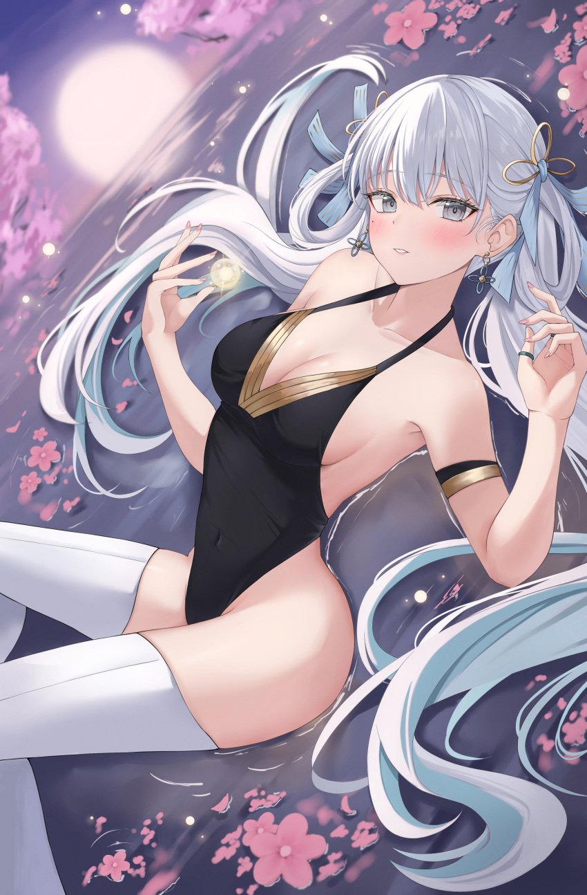 1girls bare_shoulders black_one-piece_swimsuit blush cleavage collarbone covered_navel grey_eyes highleg highleg_swimsuit jinhsi_(wuthering_waves) long_hair medium_breasts on_back one-piece_swimsuit shinigami_kiraki smile solo swimsuit twintails white_hair white_thighhighs wuthering_waves