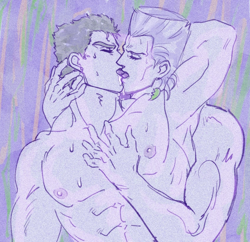 2boys gay jean_pierre_polnareff jojo's_bizarre_adventure jotaro_kujo kissing male male/male male_only muscular_male nude_male stardust_crusaders yaoi