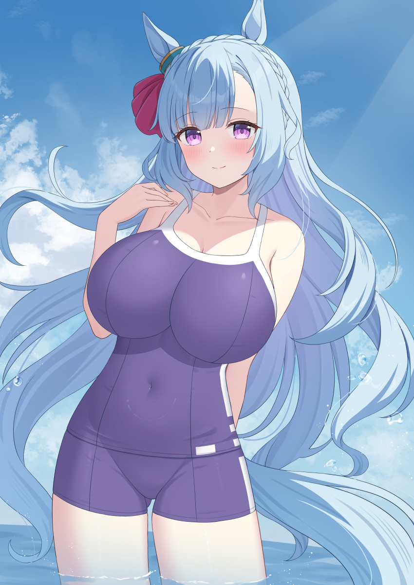 absurdres animal_ears blue_hair blue_one-piece_swimsuit blue_sky breasts commission day highres horse_ears horse_girl horse_tail kurumi_lm large_breasts long_hair looking_at_viewer mejiro_ardan_(umamusume) ocean one-piece_swimsuit outdoors partially_submerged pixiv_commission purple_eyes school_swimsuit sky solo standing swimsuit tail tracen_swimsuit umamusume