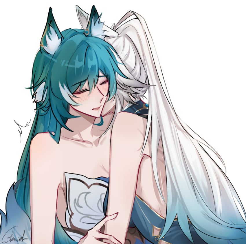 2d 2girls animal_ears animal_humanoid artist_signature blue_hair blush blush_lines blushing canine_humanoid cleavage clothed clothed_female color colored coloured emanata eyes_closed feixiao_(honkai:_star_rail) female female/female female_only fox_ears fox_humanoid glaciel0602 gradient_hair green_hair hand_on_arm honkai:_star_rail honkai_(series) hoyoverse implied_kiss kemonomimi kissing kissing_neck light-skinned_female light_skin mouth_open neck_kiss open_mouth polychrome simple_background straight_hair tagme two_tone_hair very_long_hair white_background white_hair yukong_(honkai:_star_rail) yuri