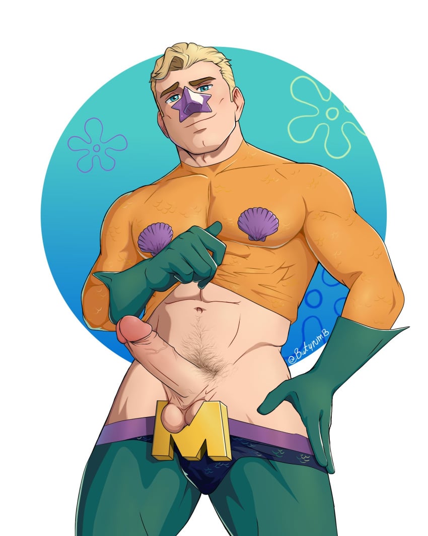 abs balls bara butyrum_bimbo clothing erection looking_at_viewer male male_only male_pubic_hair mermaid_man mermaid_man_(young) muscular_male nickelodeon penis spongebob_squarepants tight_clothing