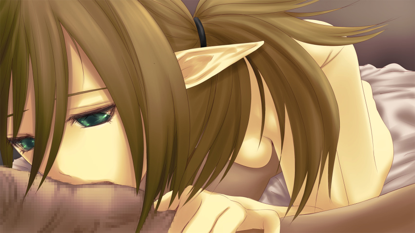 1boy breast_press brown_hair fellatio female green_eyes highres kawanakajima oral patty_(pso2) penis phantasy_star phantasy_star_online_2 pointy_ears short_ponytail solo_focus straight