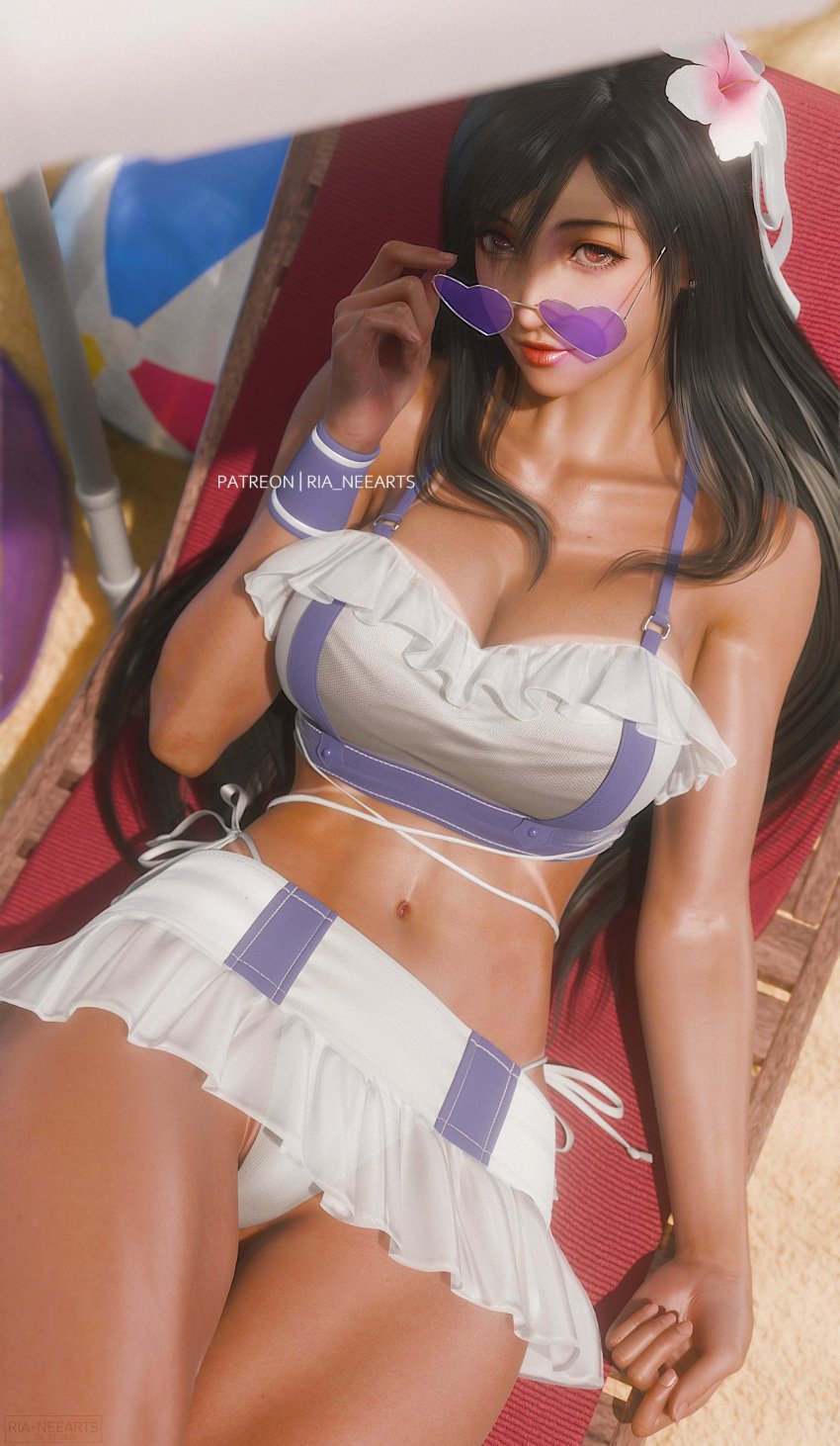 3d 3d_(artwork) bare_arms bare_legs bare_midriff bare_shoulders bare_thighs beach big_breasts bikini bikini_bottom bikini_top black_hair cleavage collarbone female female_focus female_only final_fantasy final_fantasy_vii final_fantasy_vii_remake heart-shaped_eyewear hi_res highres long_hair looking_back looking_over_eyewear looking_over_sunglasses midriff parasol red_eyes ria-neearts sand shiny_skin skirt solo solo_female solo_focus sunglasses swimsuit tifa_lockhart tifa_lockhart_(shining_spirit) tinted_eyewear toned_stomach