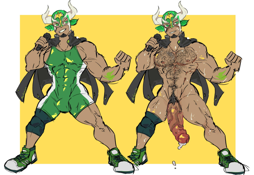 1boy balls bara big_penis blush body_hair boner bulge erection facial_hair flaccid male male_only muscular_male penis pigeonpantonium singlet solo solo_male sweat sweating taurus_mask tokyo_afterschool_summoners