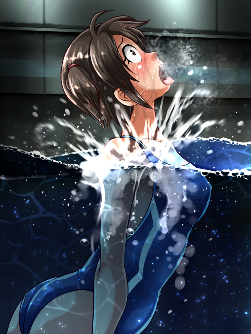 aquarium asphyxiation breasts breathing brown_eyes brown_hair collarbone drowning female foxeye_(artist) game_cg in_the_aquarium:_sinking_with_kana kana_(in_the_aquarium:_sinking_with_kana) partially_submerged partially_underwater_shot school_swimsuit small_breasts swimming swimsuit tongue tongue_out twintails underwater