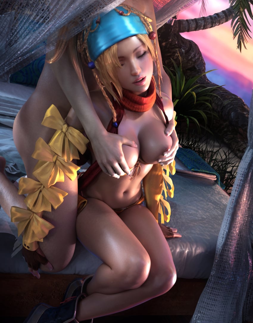 1boy bikini blonde_hair blue_headband braid breast_grab breasts clothing female female final_fantasy final_fantasy_x final_fantasy_x-2 fingerless_gloves footwear gloves grabbing groping headband headwear high_resolution large_breasts lips long_hair male medium_breasts navel nipples palm_tree parted_lips rikku rikku_(ff10) scarf sevenbees sitting sleeping solo_focus straight swimsuit tied_hair tree underwear very_high_resolution