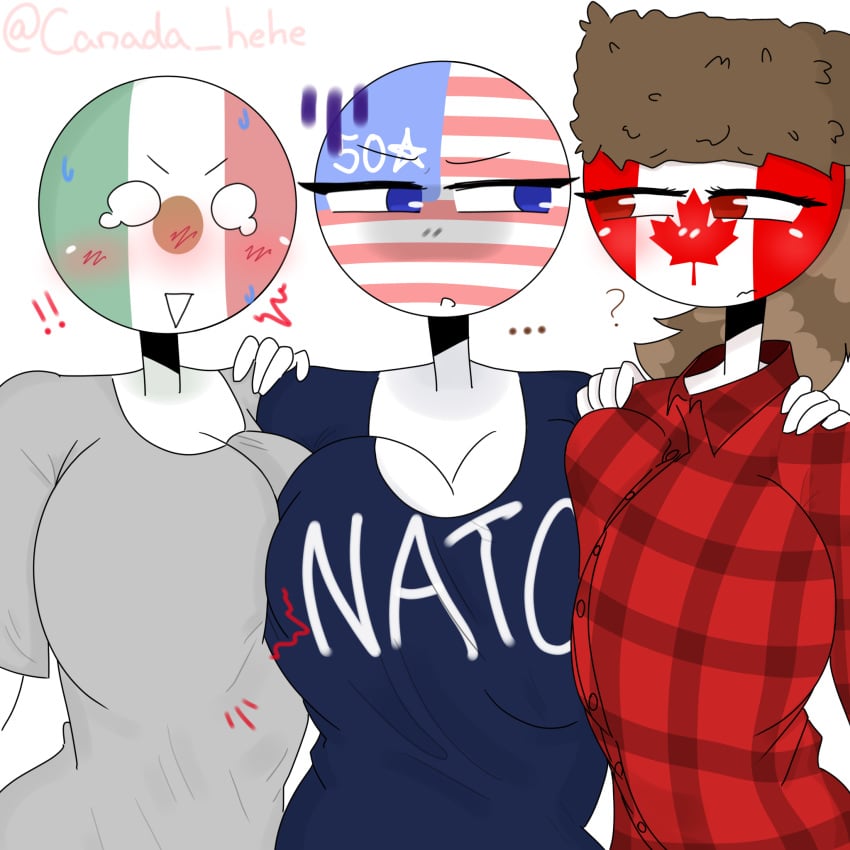 3girls annoyed_expression big_breasts blue_eyes canada_(countryhumans) countryhumans countryhumans_girl mexico_(countryhumans) red_eyes safe sfw united_states_of_america_(countryhumans) white_body xx.canada.xx