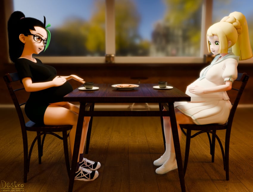 2girls 3d 3d_model big_belly black_hair blonde_hair cafe cookie female female_only glasses hand_on_own_stomach hoodie human lillie_(pokemon) multiple_girls multiple_pregnancies nemona_(pokemon) pokemon pokemon_sm pokemon_sv pregnant ready_to_pop tagme two_tone_hair wholesome