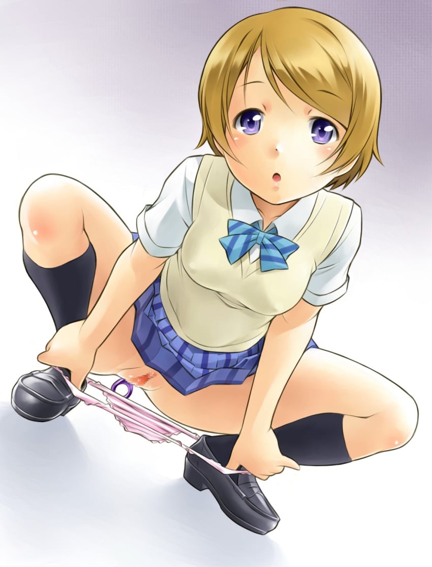 anal anal_beads anal_insertion brown_hair censored female highres koizumi_hanayo loafers love_live! love_live!_school_idol_project object_insertion panties panty_pull purple_eyes pussy school_uniform sekihan short_hair solo underwear