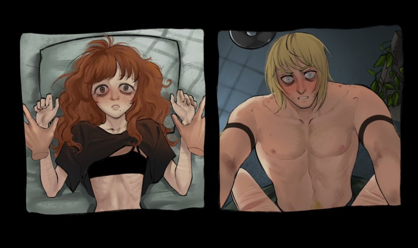 arms_pinned blonde_hair blue_eyes blush boyfriend_to_death disembodied_hands female/male green_eyes imminent_sex lawrence_oleander legs_apart legs_spread male/female muscular_male no_visible_genitalia original_character pinned pinned_down pinned_to_bed pinned_to_floor red_hair restrained_arms rosalina67676 scarred scars scars_all_over scars_on_arm scars_on_legs scars_on_thighs self_harm_scars toned_male