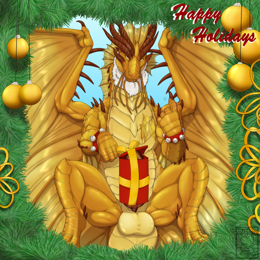 balls christmas claws digital_drawing_(artwork) digital_media_(artwork) dragon erection feral finger_claws genitals hi_res holidays horn huniiheart_(artist) looking_at_viewer membrane_(anatomy) membranous_wings mythological_creature mythological_scalie mythology scalie tamarand wings