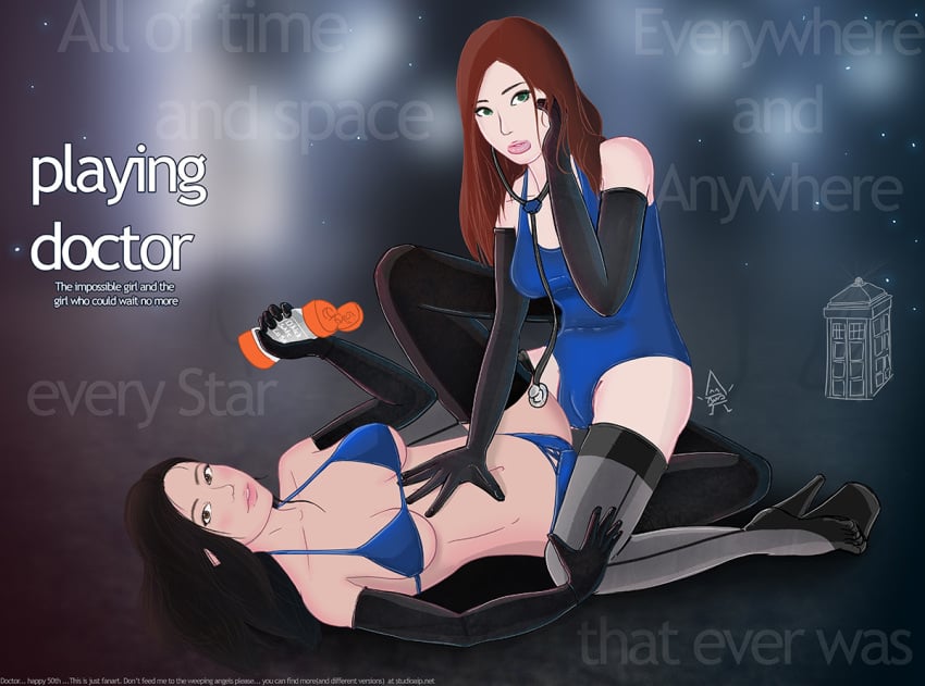 amy_pond clara_oswald doctor_who dtenshi female multiple_girls swimsuit yuri