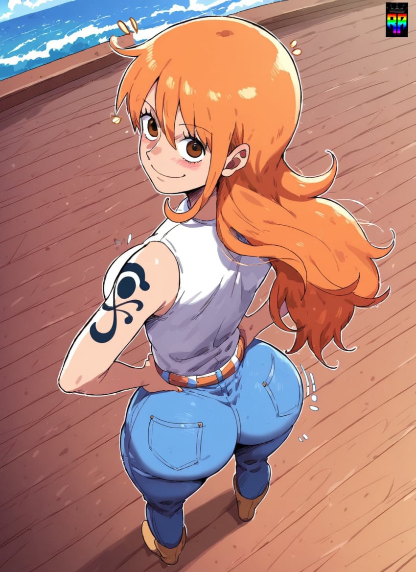 ai_generated big_ass big_breasts brown_eyes bubble_butt cute_face d-art_style female female_only jeans jiggle long_hair looking_at_viewer nami one_piece orange_hair repartz sea ship sleeveless_shirt tattoos thick_thighs tight_clothing water