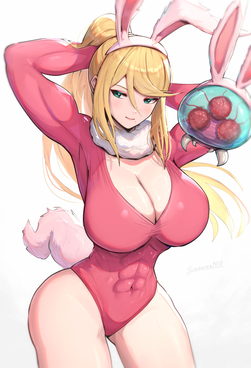 1girls abs athletic_female big_breasts blonde_hair breasts bunny_ears bunnysuit cleavage fit_female gonzarez huge_breasts large_breasts light-skinned_female metroid metroid_(creature) muscular muscular_female nintendo ponytail samus_aran slim_waist solo_female thick_thighs white_background wide_hips