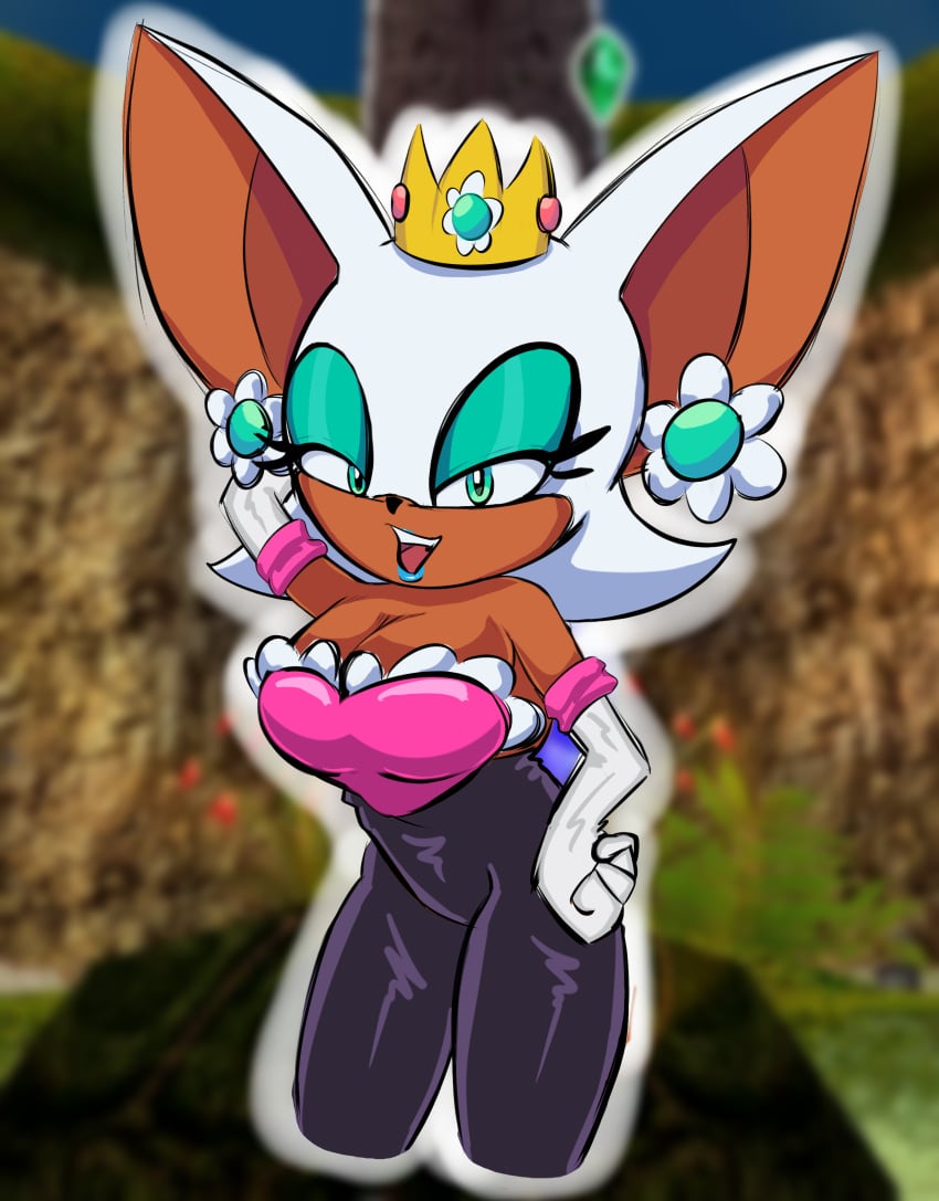 anthro anthro_only big_breasts breasts cleavage cosplay crown dark-skinned_female dark_skin dress earrings furry furry_only green_eyes lipstick mario_(series) nintendo princess_daisy_(cosplay) rouge_the_bat rougethedaisy sega solo solo_female solo_focus sonic_(series) white_fur