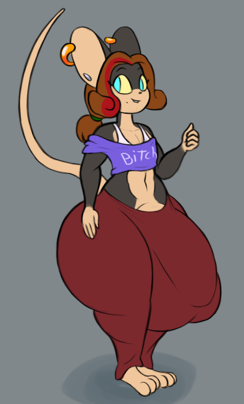 anthro big_penis black_body blue_eyes bottomwear brown_hair bulge clothing ear_piercing fusion genitals hair hi_res huge_cock jovi_cap male mammal mouse mouse_tail murid murine pants penis piercing rodent shannon_(jovi_cap) shirt solo thick_thighs topwear