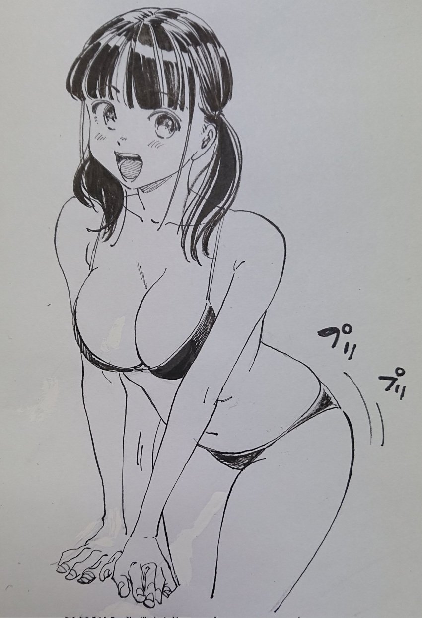 bikini greyscale japanese_text large_breasts monochrome naughty_face onomatopoeia shaking_ass short_hair sketch smile twintails young