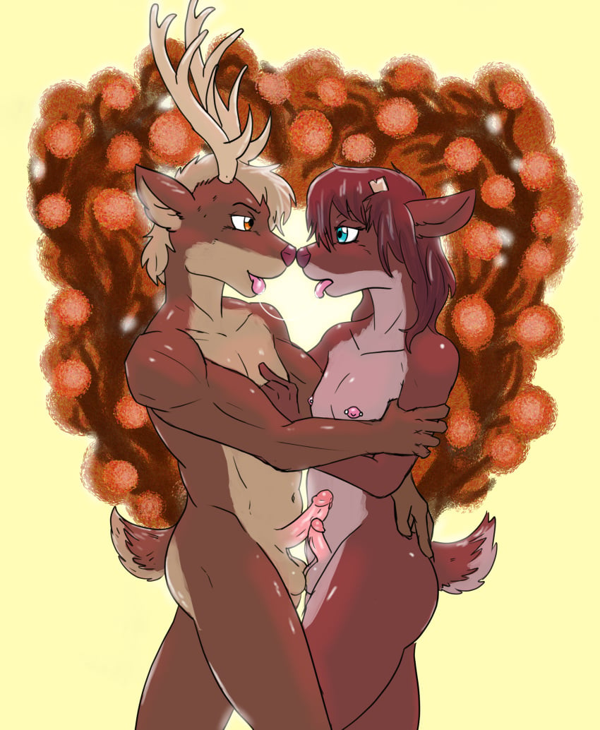 after_kiss anthro antler_removal antlers ass bazengo bodily_fluids brown_body brown_fur butt_grab cut_antlers deer duo femboy feminization frottage fur genitals hand_on_butt heart_background hi_res horn horn_removal hug humanoid_genitalia humanoid_penis intraspecies larger_male male male/male mammal nipple_piercing nipples nose_to_nose nude penile penis penis_size_difference piercing saliva saliva_string scut_tail sex short_tail simple_background size_difference small_penis smaller_male tail tongue tongue_out