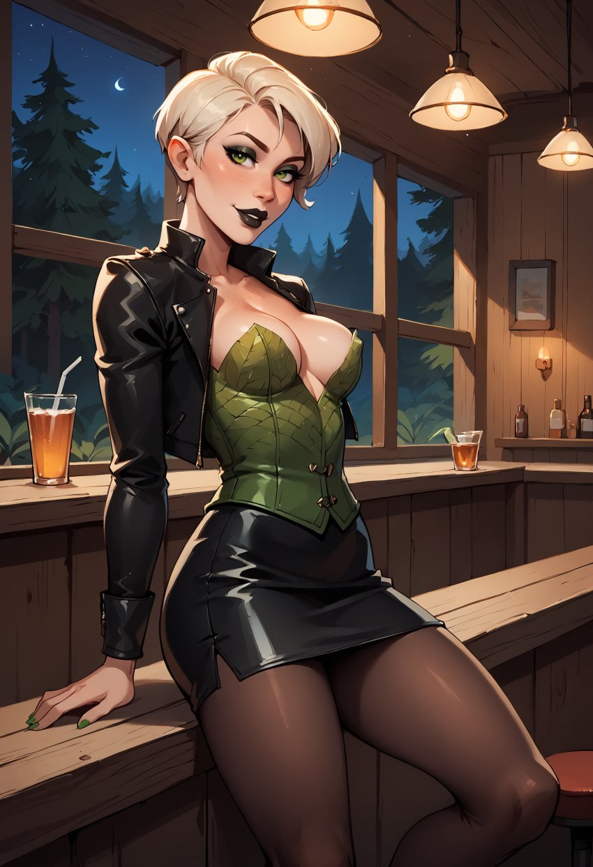 ai_generated black_lipstick black_pantyhose blonde_hair green_eyes green_topwear leather_jacket leather_skirt lipstick pinup pixie_cut sfw stable_diffusion tavern tinker_bell