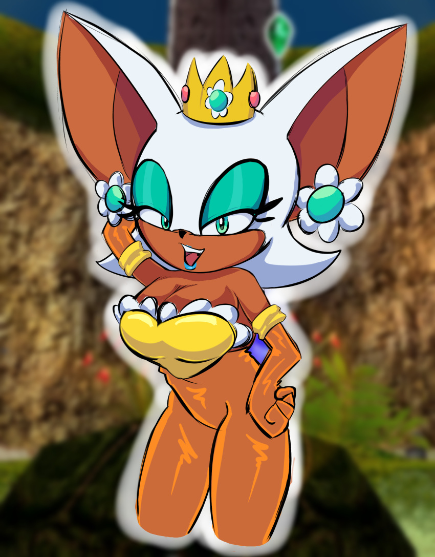 anthro anthro_only big_breasts breasts cleavage cosplay crown dark-skinned_female dark_skin dress earrings furry furry_only green_eyes lipstick mario_(series) nintendo princess_daisy_(cosplay) rouge_the_bat rougethedaisy sega solo solo_female solo_focus sonic_(series) white_fur