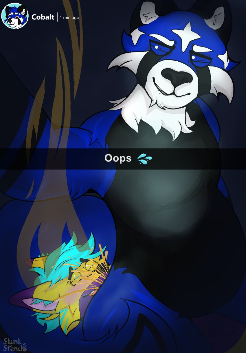 ailurid anthro belly blue_tail canid canine duo felid fox fur hi_res hybrid lying male male/male mammal mephitid multicolored_body multicolored_fur nude on_back pantherine red_eyes red_panda sitting sitting_on_another skunk skunk_spray skunkstench smelly spraying_in_mouth spraying_on_face stink_fumes stink_lines tail thick_tail tiger