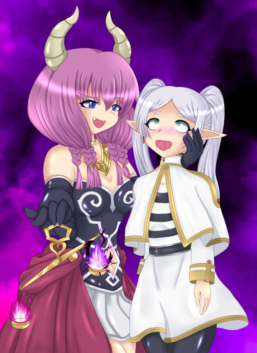 aura_(sousou_no_frieren) corruption demon_girl drool elf elf_ears female femdom femsub frieren horns navel rey_(artist) sousou_no_frieren twintails white_hair