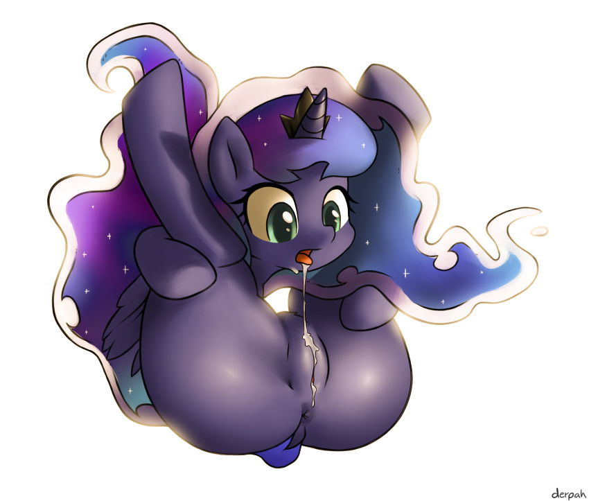 2014 alicorn anus blue_eyes blue_fur blue_hair derpah equine female feral friendship_is_magic fur hair high_resolution horn horse legs_up mammal my_little_pony open_mouth plain_background princess_luna_(mlp) pussy pussy_juice solo white_background wings