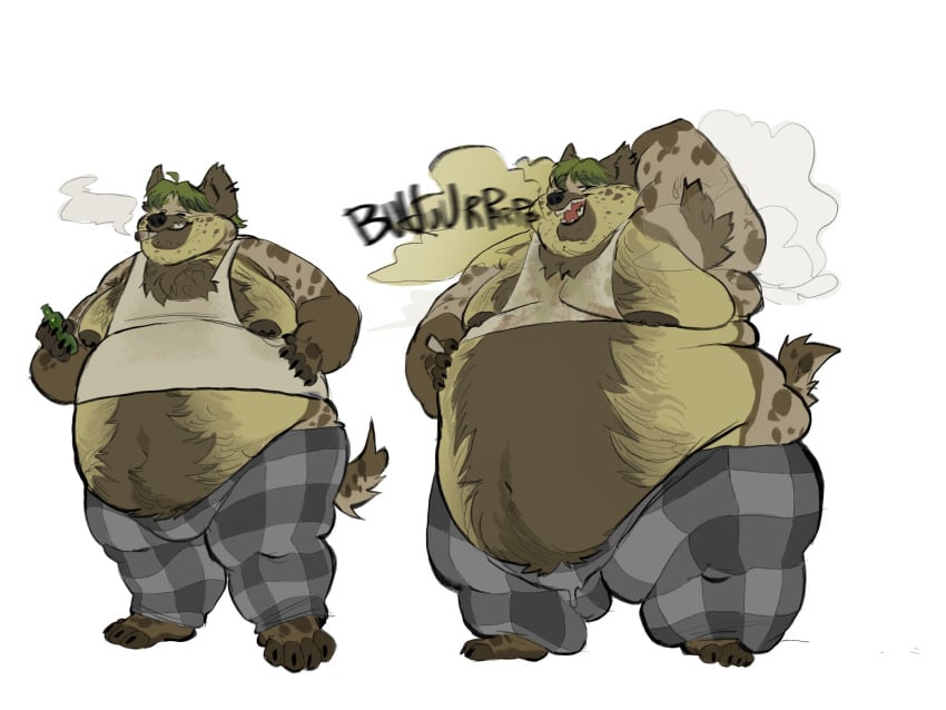 anthro belly beverage_bottle big_belly bottle burp_cloud burping catatex_69 cigarette container hi_res hyena male mammal musk musk_clouds obese obese_anthro obese_male open_mouth overweight overweight_anthro overweight_male paws slob smoking solo spots tail thick_thighs