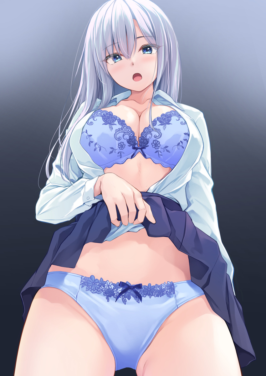 1girls :o absurdres black_skirt blue_bra blue_eyes blue_panties bow bow_panties bra breasts cleavage clothes_lift collarbone collared_shirt commentary_request female gradient_background grey_hair highres large_breasts lifting_own_clothes looking_at_viewer open_clothes open_mouth open_shirt original panties partial_commentary pasdar plaid_clothes plaid_skirt pleated_skirt shirt simple_background skirt skirt_lift solo standing underwear white_shirt