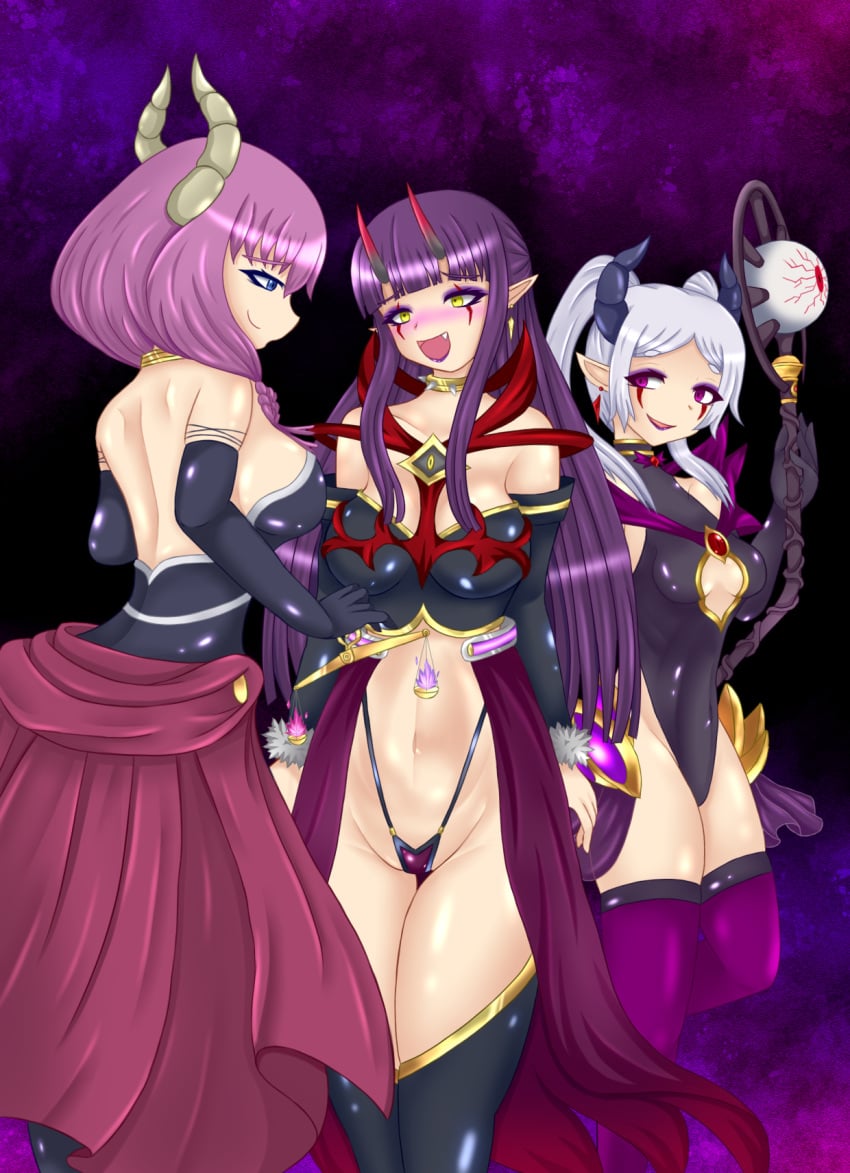aura_(sousou_no_frieren) blush corruption demon_girl elf_ears empty_eyes eyeshadow facial_markings female fern_(sousou_no_frieren) frieren happy_trance horns leotard navel rey_(artist) sousou_no_frieren thong yuri