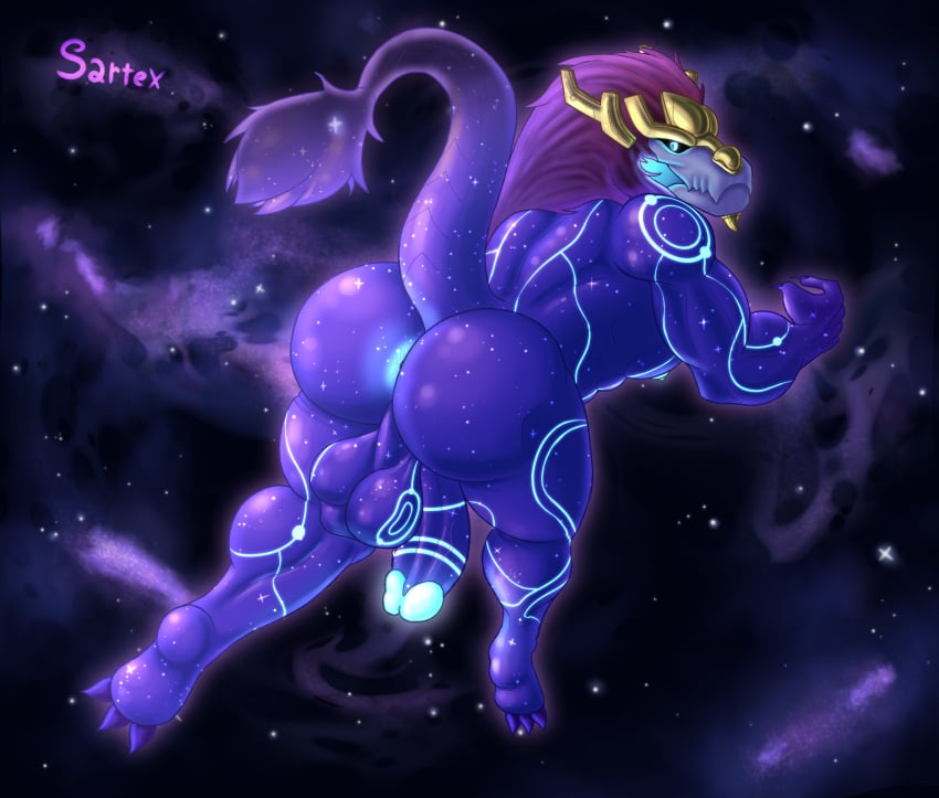 2025 absurd_res anthro anus ass aurelion_sol_(lol) balls barely_visible_anus big_balls big_butt big_penis blue_body blue_eyes claws crown digital_drawing_(artwork) digital_media_(artwork) dragon eastern_dragon feet flaccid genitals glans glowing glowing_eyes hair headgear hi_res huge_butt league_of_legends looking_at_viewer looking_back male muscular muscular_anthro muscular_arms muscular_legs muscular_male mythological_creature mythological_scalie mythology nude nude_anthro nude_male penis purple_hair raised_tail rear_view riot_games sartex scalie signature solo space star tail tencent thick_thighs