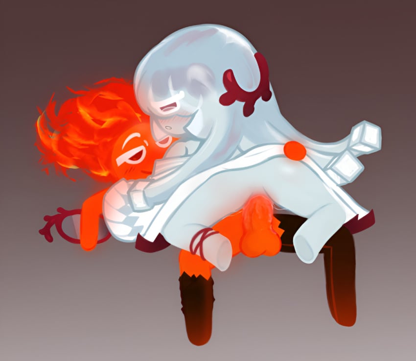 1boy 1girls :o agar_agar_cookie age_difference blue_skin cookie cookie_run cookie_run_kingdom cream female fire fire_spirit_cookie hand_on_butt male mirror missionary pussy_juice smirk smirking tight_pussy viewed_from_behind