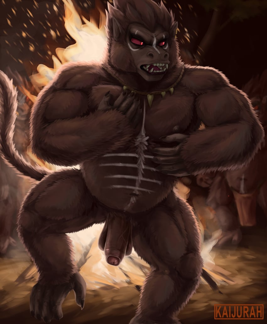 anthro ape bodypaint brown_body brown_fur dancing dragon_ball face_paint fire flaccid foreskin foreskin_play fur genitals gorilla haplorhine hi_res humanoid kaijurah male male/male mammal monkey oozaru penis primate red_eyes solo taro tribal uncircumcised