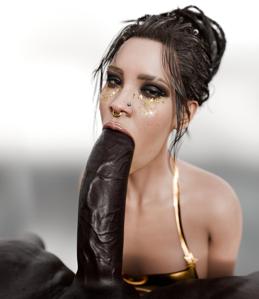 3d big_black_cock big_cock blowjob cock_worship cyberpunk_2077 dark-skinned_male derpderp eyebrow_piercing glitter huge_cock interracial jewelry looking_at_viewer nose_piercing nose_ring panam_palmer penis sucking_penis