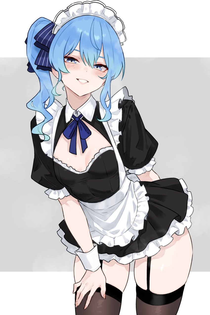 blue_eyes blue_hair bluefield blush blushing cute flat_chest flat_chested garter_belt hololive hololive_gen_0 hololive_japan hoshimachi_suisei maid maid_headdress maid_outfit maid_uniform slight_blush tagme thick_thighs thigh_highs thighhighs thighs virtual_youtuber