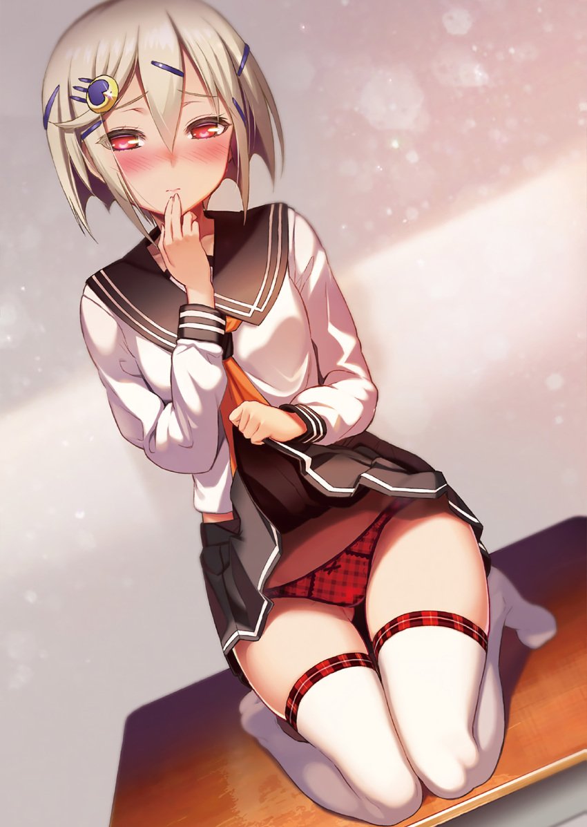 10s bow bow_panties clothes_lift desk dutch_angle female female_focus glint gluteal_fold hair_between_eyes hair_ornament hairclip hand_to_own_mouth highres kneeling lifting_own_clothes light_brown_hair novel_illustration official_art on_desk ookuma_nekosuke panties plaid_clothes plaid_panties pleated_skirt red_eyes red_panties scan school_desk school_uniform serafuku shinmai_maou_no_testament short_hair sitting skirt skirt_lift solo tachibana_nanao thighhighs underwear white_thighhighs