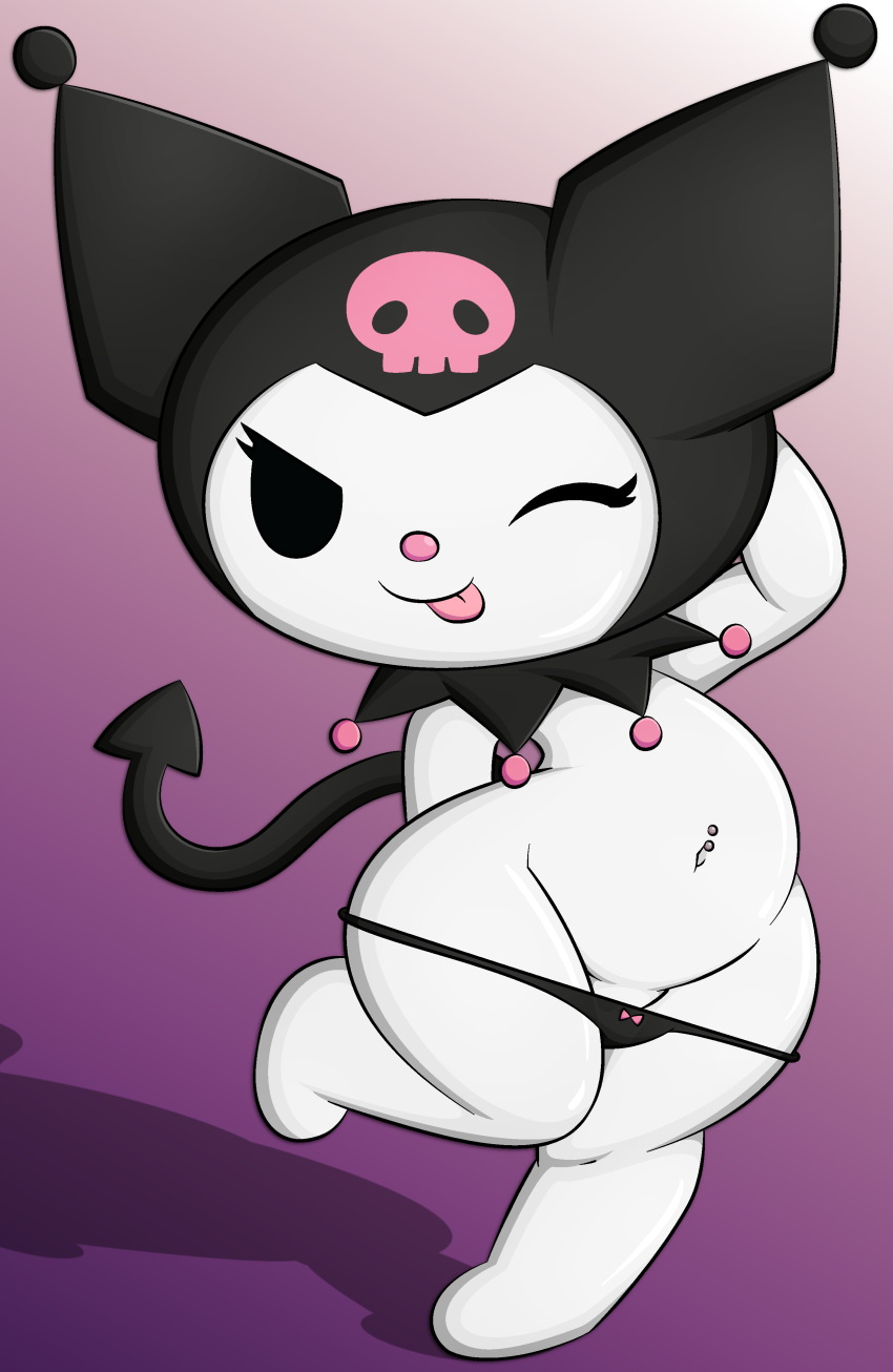 2024 absurd_res anthro belly biped black_clothing black_eyes black_panties black_underwear closed_smile clothed clothing eyelashes female hand_behind_back hand_behind_head hi_res imp kuromi lagomorph leporid mammal mouth_closed navel navel_piercing on_one_leg one_eye_closed onegai_my_melody panties panties_down partially_clothed piercing pose rabbit sanrio shadow smile solo spade_tail standing tail teasing tongue tongue_out underwear underwear_down white_body zinzoa