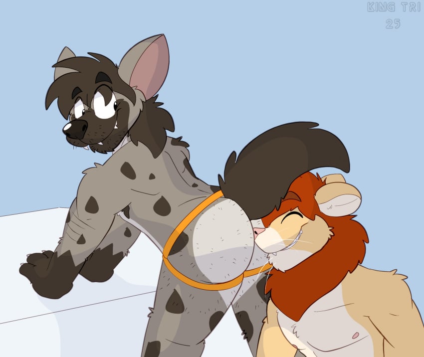 anthro ass butt_sniffing clothing duo felid hi_res hyena jockstrap king-triangle lion looking_at_viewer looking_back looking_back_at_viewer male male/male mammal mane nose_to_anus pantherine raised_tail sniffing spots tail teeth underwear