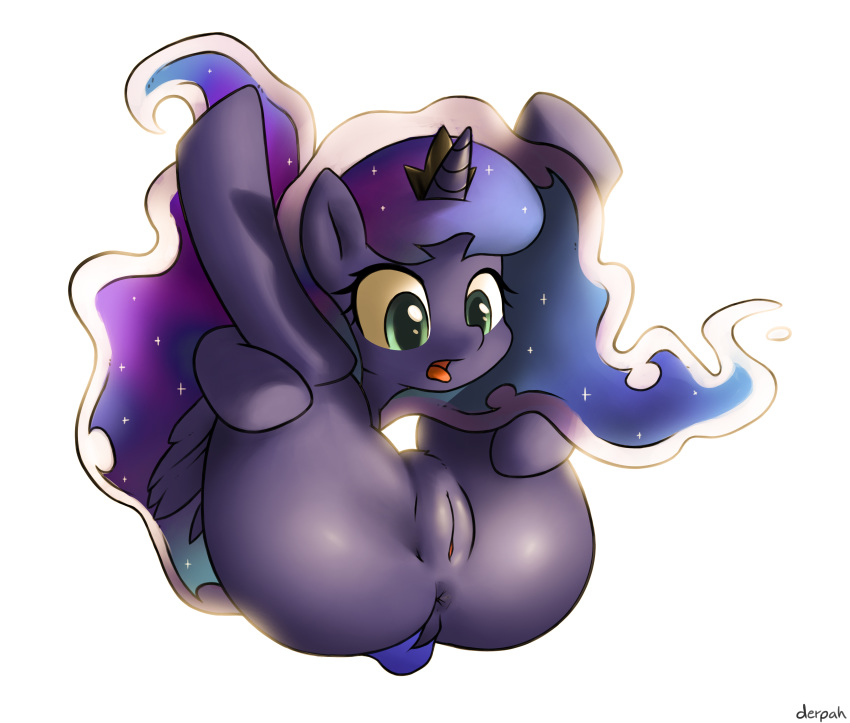 2014 alicorn anus blue_eyes blue_fur blue_hair derpah equine female feral friendship_is_magic fur hair high_resolution horn horse legs_up mammal my_little_pony open_mouth plain_background princess_luna_(mlp) pussy solo white_background wings