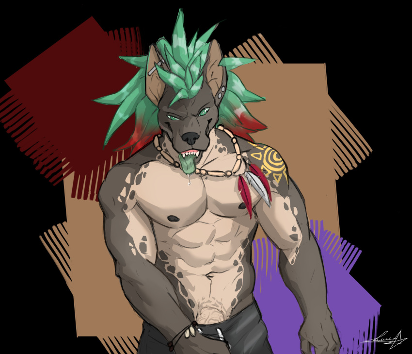abs absurd_res anthro bodily_fluids bottomwear canid canine clothed clothing digital_drawing_(artwork) digital_media_(artwork) dislyte ear_piercing fangs fur hair hi_res lilith_games luceneko male male_only male_solo mammal navel nipples pants piercing saliva solo teeth tongue tongue_out topless topless_male
