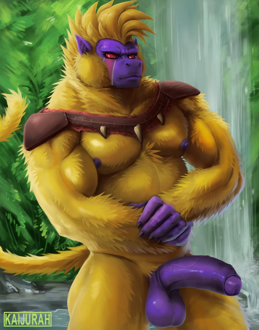 absurd_res anthro ape baby_vegeta balls biceps bodypaint dragon_ball dragon_ball_gt face_paint foreskin forest fur genitals gorilla great_ape_baby haplorhine hi_res humanoid jungle kaijurah male male/male mammal monkey muscular nipples oozaru penis plant primate red_eyes solo tree tribal uncircumcised waterfall yellow_body yellow_fur