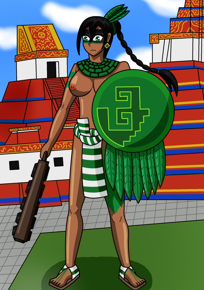 1girls breasts dark-skinned_female dark_skin demigoddess female green_eyes ixiza loincloth mayan mayan_mythology native native_american native_american_female nipples pyramid shield topless topless_female tribal weapon