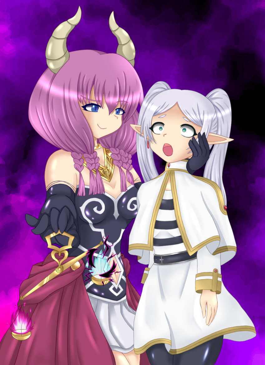 aura_(sousou_no_frieren) corruption demon_girl elf elf_ears female femdom femsub frieren horns navel rey_(artist) sousou_no_frieren twintails white_hair