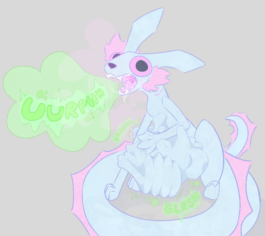 absurd_res ambiguous_gender blush bodily_fluids bone bone_imprints bones_in_stomach burp_cloud burping digestion digestion_noises fatal fatal_vore feral feral_pred hi_res looking_at_viewer open_mouth rain_world rivulet_(rain_world) saliva saliva_string same_size_vore soft_bugg stomach_bulge tail text videocult vore