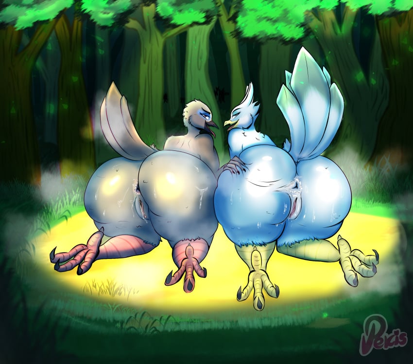 2025 ambiguous_fluids animal_humanoid anthro anus ass avian avian_butt avian_feet avian_humanoid big_butt blue_body blue_eyes blue_hair bodily_fluids claws colored duo feathers female finger_claws fluid-body forest forest_background genital_fluids genitals grey_body hair hi_res humanoid humanoid_genitalia nature nature_background pekisart plant presenting pussy raised_tail rear_view signature tail tail_feathers thick_thighs toe_claws tree vaginal_fluids watermark wet wet_body wide_hips