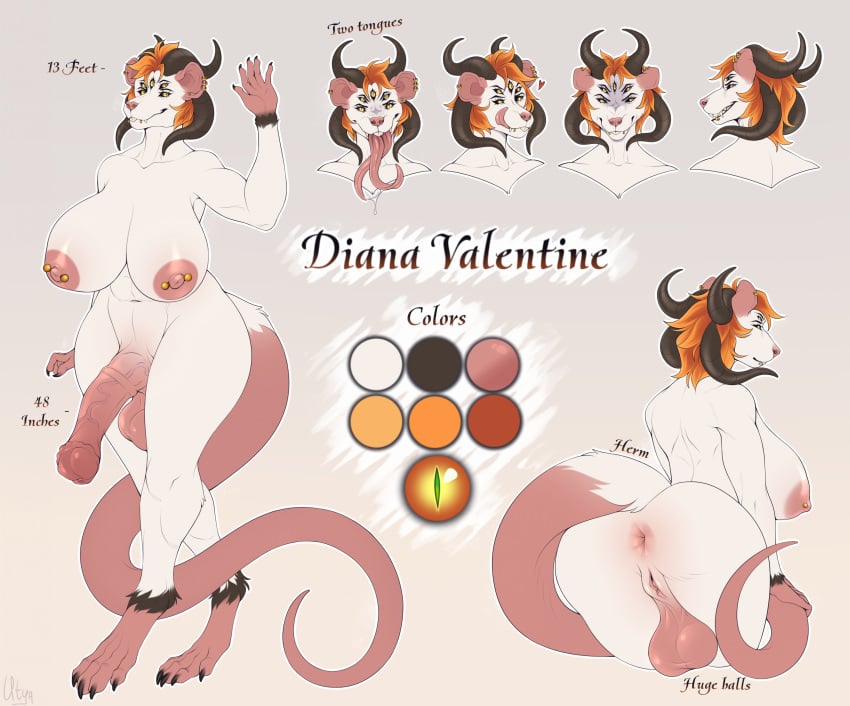 2025 2_tongues 4_horns 5_eyes 5_fingers absurd_res animal_genitalia animal_penis anthro anus areola balls big_balls big_breasts big_penis breasts buckteeth claws diana_valentine digital_media_(artwork) ear_piercing ear_ring eldritch_abomination english_text equine_genitalia equine_penis facial_piercing fangs feet finger_claws fingers futanari genitals gradient_background hair herm herm_anthro hi_res horn intersex intersex_anthro lip_piercing long_tongue mammal medial_ring model_sheet multi_eye multi_horn multi_tongue murid murine navel nipple_outline nude orange_hair penis piercing pupils pussy rat ring_piercing rodent short_hair simple_background slit_pupils snakebite_piercing solo tail teeth text toe_claws toes tongue tongue_out utya vein